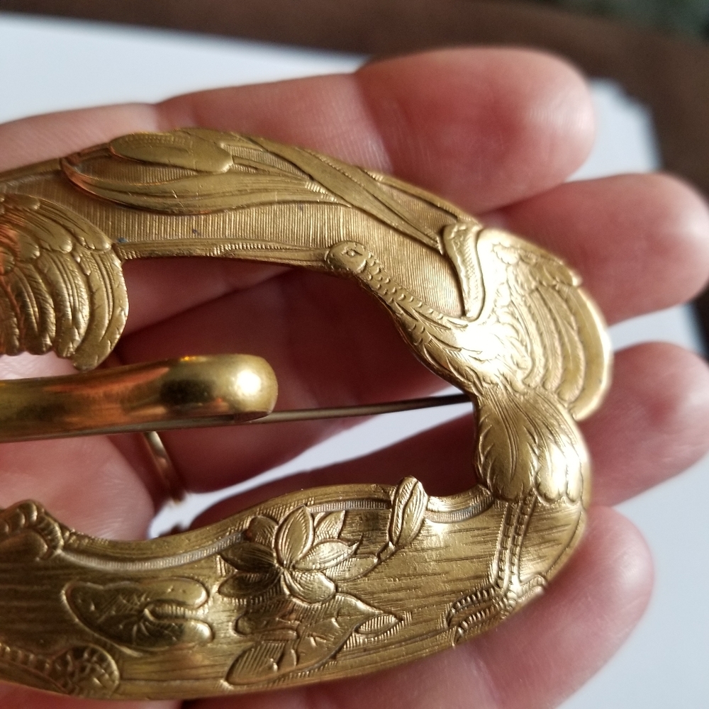 Relisted -Antique Edwardian crane lily pad sash brooch pin nouveau gold tone - Picture 16 of 17